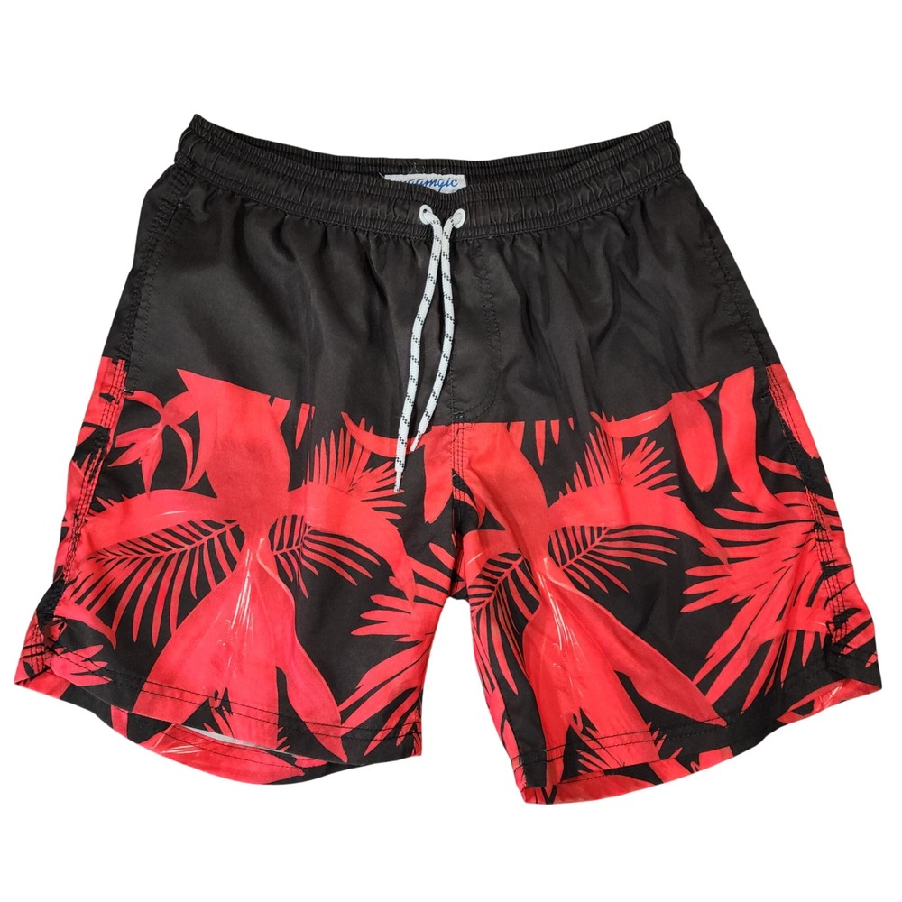 Maamgic Swim Trunks sz L Men Red Black Floral Tropical 29x7 Resortwear 16.5"‎